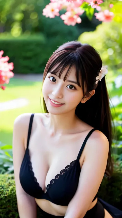 (realistic, photo-realistic:1.4), (extremely detailed 8k wallpaper), bokeh, detailed beautiful eyes and skin, (Image from thighs to head:1.3), ultra res, (Japanese idol:1.4), 25yo, beautiful woman, smile, Nogizaka, large breast, black bikini, Serene, Morni...