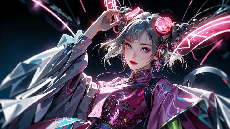 1 girl, Chinese_clothes, liquid silver and pink, cyberhan, cheongsam, cyberpunk city, dynamic pose, glowing headphones, glowing hair accessories, long hair, glowing earrings, glowing necklace, cyberpunk, high-tech city, full of mechanical and futuristic el...