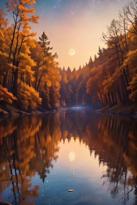 In the tranquil stillness of the autumn night, the midpoint of the season unfolds an enchanting vista. With not a single soul in sight, the world is abundant in breathtaking beauty. The moon, in its full glow, mirrors itself in the tranquil waves, as heave...