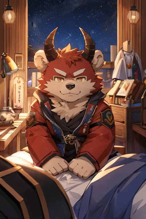 Bara, boy, kemono, (bear),Brown fur, brown skin, red hair, small red demon horns, scientist outfit , demons tail , Yellow eyes , chubby 