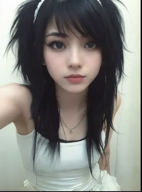 arafed girl with black hair and a white top posing for a picture, an emo girl, emo style, scene girl, emo makeup, black messy hair, 1 7 - year - old goth girl, punk hairstyle, emo anime girl, messy black hair, she has black hair, black hime cut hair, beaut...