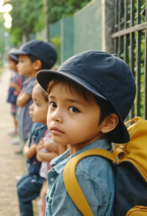 After class close-up focus HD video.Cute kindergarten children waiting for their mother to pick them up.Carrying a schoolbag，With a hat on, Squatting against the wall.Holding his chin in boredom.The background is the bokeh effect of the school gate. nice i...