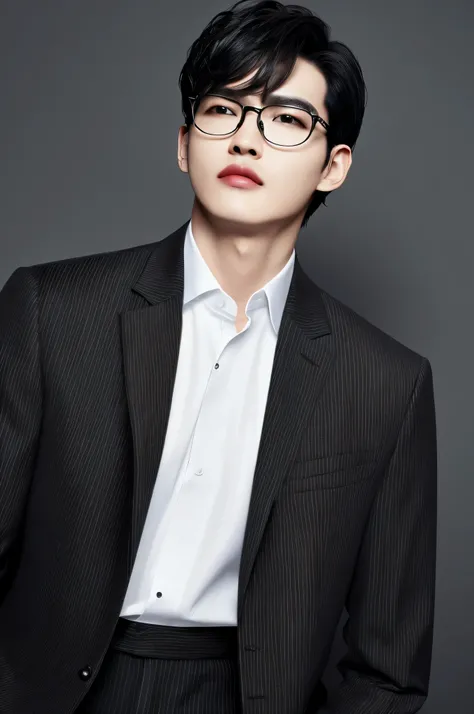 masterpiece, highest quality, realistic, Handsome slender man with dark hair, Black Square Frame Glasses, looking here