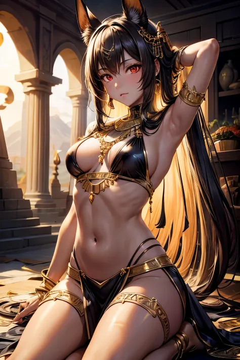 Best quality, depth of field, (transparent costume: 1.2), dancer costume, beautiful Anubis girl, dog ears, 1 girl, red eyes, tan skin, golden jewelry, desert, pyramid