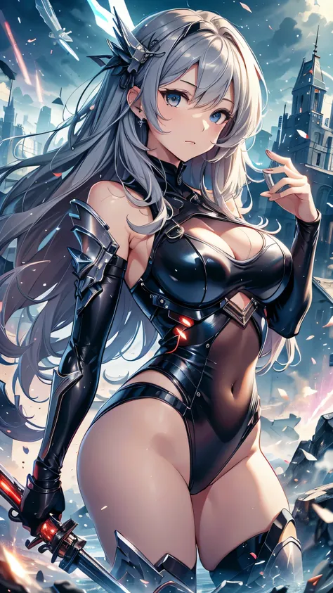 最high quality、best image quality、masterpiece、teenage girl((18-year-old、 By becoming、vest bust、medium bust,wide open breast tea、black eye, gray hAria、long hAria、thin,highest valley、Black Battlesuit、white arm parts、white leg parts、Holding a big sword、mechani...