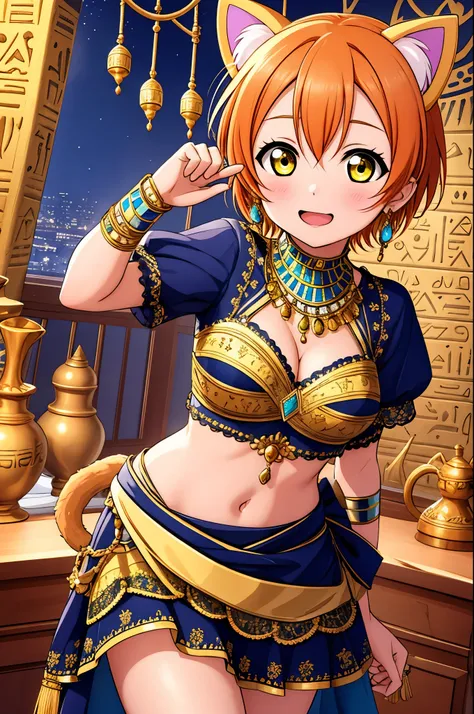 masterpiece, best quality,(hoshizora rin:1.000), yellow eyes, orange hair, (breasts:0.996), (cat ears:0.994), (egyptian clothes:0.950), (pelvic curtain:0.788), (bracelet:0.756),(cat girl:0.692), (earrings:0.671), (egyptian:0.618), (ring:0.600), (looking a...