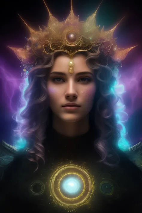 An intricately detailed close-up view of a divine male God, algorithmically enhanced and bathed in visually intense high definition magic, features a living lightning fractal crown adorned with tactical sun-motes and diamond moon shards. An inner bio-illum...