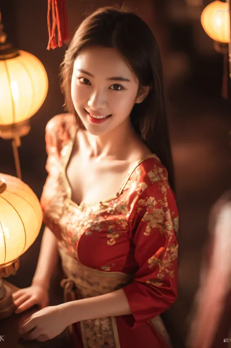 spring festival,1 girl,alone,decorateผม,set,black hair,black eyes,chinese clothes,from above,lamp,decorate,red set,look at the v...