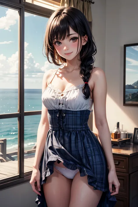 very cute and beautiful girl standing near window,(blue plaid summer dress with detailed frills),sleeveless,detailed lace,(skirt lift,white panties), (highly detailed beautiful face and eyes:1.2),antique hotel bedroom with outside view,distant trees and oc...