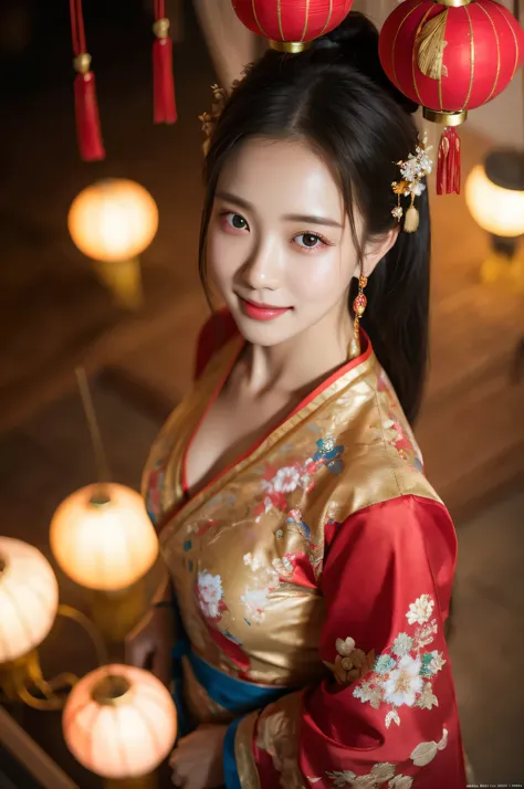 spring festival,1 girl,alone,decorateผม,set,black hair,black eyes,chinese clothes,from above,lamp,decorate,red set,look at the v...