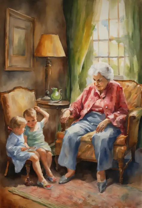 an older woman in a lounge playing with young children