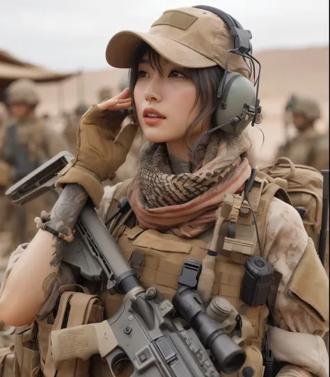 photorealistic、realistic skin textures、a beautiful japanese woman belonging to the u.s. military is talking with gestures at a b...