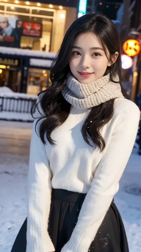 ((highest quality)), ((masterpiece)), (high resolution), perfect face,photorealistic:1.5,((winter、Tokyo、Shibuya、snow scene,town where it&#39;s snowing,japanese idol、japanese women、cute woman、1 girl,(Scarf、gloves、long coat)))、big breasts、woman in her 20s、lo...