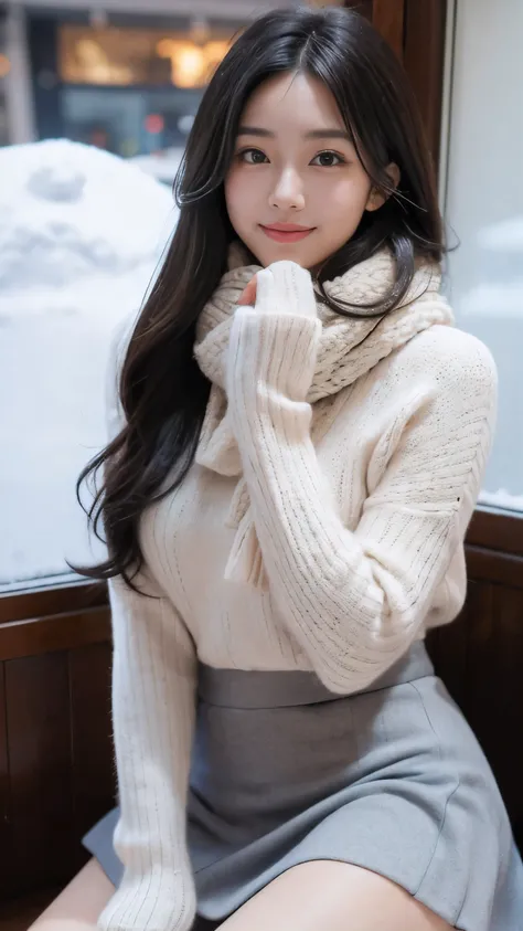 ((highest quality)), ((masterpiece)), (High resolution), perfect face,realistic:1.5,((winter、Tokyo、Shibuya Ward、snow scene,which town is that&#39;It&#39;s snowing,japanese idol、japanese woman、cute woman、1 girl,(scarf、gloves、long coat)))、big breasts、20th ge...