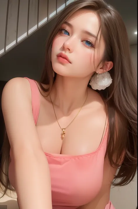 Beautiful big breastokeh), indoors, detailed luxury living room, gentle and charming beautiful goddess, Korean(kpop-idol), solo, necklace, oval face, double eyelids, smart, good hands, good feet, Natural, (from below angle), (glossy skin:1.05), ((low angle...