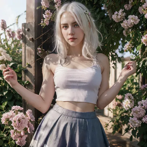 realistic, 1girl, white hair, purple eyes, glowing eyes, crop top, skirt, parted lips, blush, night, flowers, sun, sunlight,