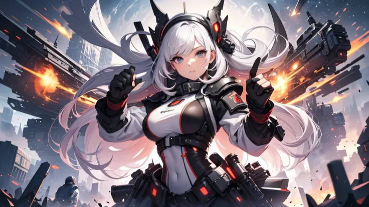 最high quality、best image quality、masterpiece、teenage girl((18-year-old、 By becoming、vest bust、medium bust,wide open breast tea、black eye, gray hAria、long hAria、thin,highest valley、Black Battlesuit、white arm parts、white leg parts、Holding a big sword、Glowing...