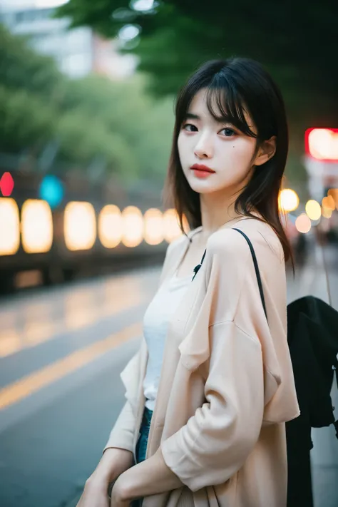 Cinematic Photo of a beautiful korean fashion model bokeh train