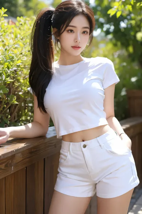 (best quality, hd, ultra-detailed, realistic:1.37), 1girl, blank white tshirt, short pants, ponytails, models, vibrant colors, sunlight, natural ambience, professional lighting, soft shadows, summertime, energetic, youthful, lively, outdoor photoshoot