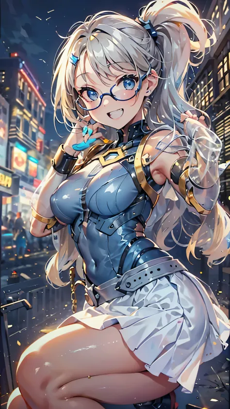 woman,14 years old,,city,night,(((white and blue tight miniskirt bodysuit))),,open mouth smile((See-through))Glasses,((Beautiful long ponytail)),((baby girl body shape))((blonde))