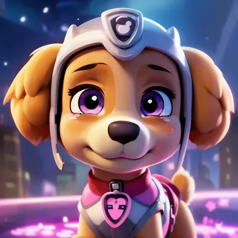 paw patrol skye is sad, she is crying, there are tears on her cheeks, pink eyes, her golden-brownish ears, cutie, beautiful spac...