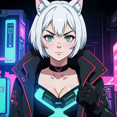 asterpiece, intrincate, 1girl, :3, cat_ears, bangs, black_background, black_jacket, blush, binary codes, cat features, choker, cleavage, closed_mouth, collarbone, eyebrows_visible_through_hair, green_eyes, hair_between_eyes, white_hair, silver_hair, short_...