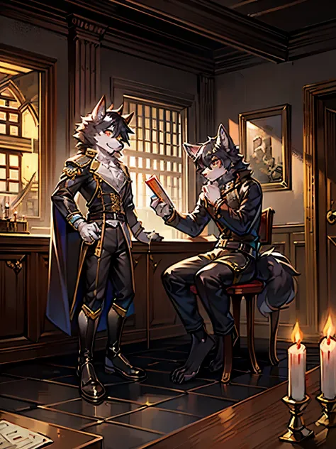 Two black-haired wolves，One is standing next to the table，The other one is sitting on the table，Map on the table，dark room，Candle，pondering，Long knives，搭在墙上的白色Long knives，militarist，dark clouds，downpours，Gray sky，Clear face，gold，一包gold，Handsome，Golden pupi...