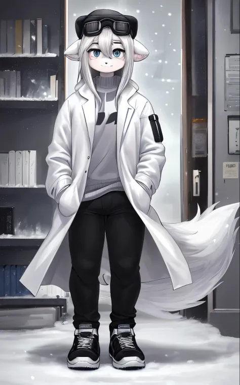 Fury，Blue iris，Thick eyebrows，Slightly curved，Larger eyes，The bridge of the nose is high，Nose size is medium。silvery white medium length hair，Thick hair，Pull it down to cover your eyebrows，Thin stature，Limbs of medium length，White wolf ears，Snow-white hair...