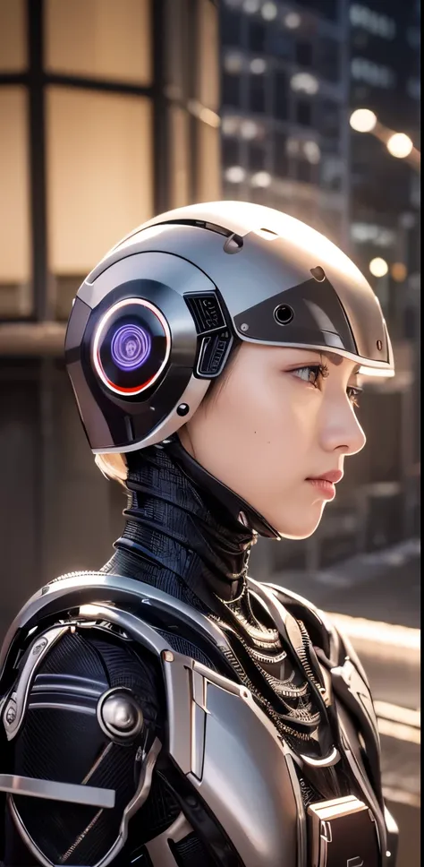 highest quality、masterpiece、Super high resolution、(Photoreal:1.4)、((beautiful girl:1.6)), 全身cyborg少女1体、16 years old、no human、((The only skin part is the face)), glowing eyes、((Lots of split metal chest protectors)), Metalrobot、((全身が戦闘robotの体))、((ボディパーツはrob...