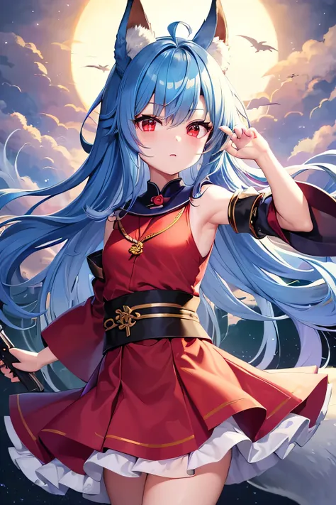 1 Little boy, chibi, Big head, Tiny, Medium blue hair, This depicts a fox disguised as a woman, Wearing Japanese school uniform, no clothes，There is a golden fox with red eyes in the background, twilight, deep sea, Detached sleeves, animal ears, dragon hor...