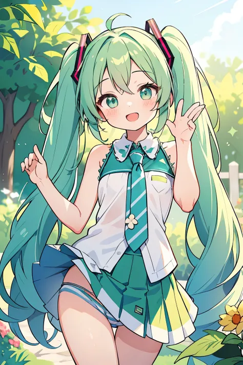 14 year old girl, Green long-haired, twin tails, Hatsune Miku, sleeveless costume, mini skirt, enchanting smile, blush, She pulls up her skirt, Skirt flip, She shows her panties, White and light blue striped panties, Thin panties, singing, summer, outdoor,...