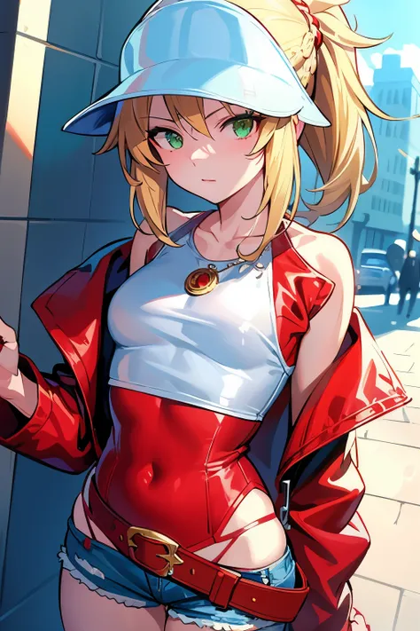 masterpiece, best quality, illustration, city street, 1girl, mordred \(fate\), cowboy shot, skinny, collarbone, detailed blonde ...