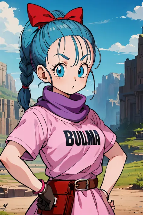 bulma \(dragonball\), 1girl, eyebrows, solo, holster looking at viewer, blue eyes, shirt, gloves, bow, ribbon, aqua hair, hair r...