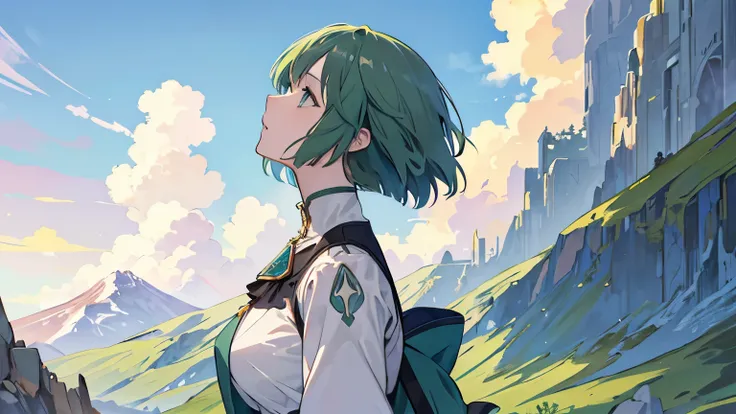 A woman in modern clothing with bob cut hair and green hair is looking up at the sky in the distance against a beautiful rocky mountain and blue sky.This is an Alphonse Mucha style scene where the scenery is the main focus.