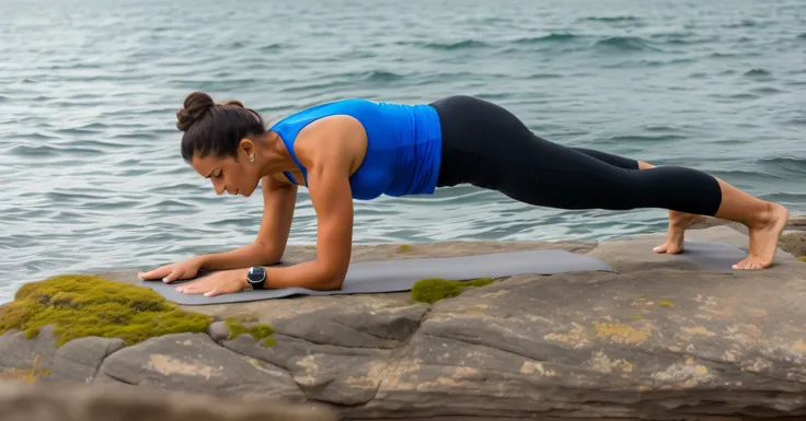 woman doing planks on a rock near the water, atenuado, pose poderosa, pose de ioga, standing pose on stones, fazendo uma pose elegante, pose deitada em pedras, Marjaryasana e Bitilasana, detalhe intenso, water to waist, with abdomen, Pose autoritativa, cot...