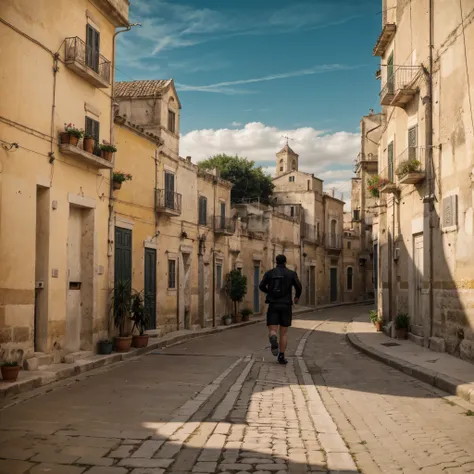 There is Keanu Reeves running in sassi_di_matera. High detailed city of Matera. (There is Keanu Reeves running in sassi_di_matera. High detailed city of Matera), atmospheric oliva lighting, on the table, 4k UHD, dark vibes, hyper detailed, epic composition...