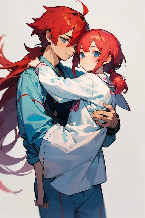 ((best quality)), ((Meisterwerk)), (detailliert), perfektes Gesicht Boy with red hair red eyes and low ponytail carries in his arms a small girl with long pink hair and blue eyes in her pajamas