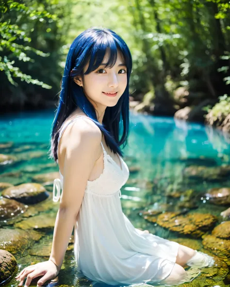 beautiful japanese woman　Detailed blue hair　Long straight hair　Asymmetrical bangs　big magical eyes　smooth and soft skin　gentle smile　(clear blue forest spring:1.2)　reflection on the water surface　Standing on the surface of the water　(white camisole:1.5)　De...