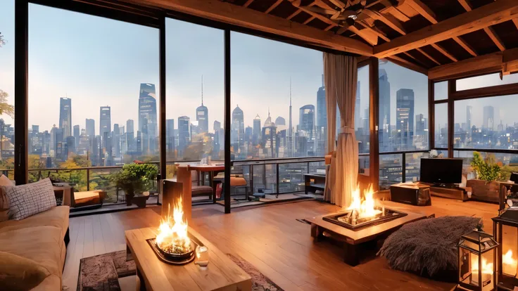 arafed living room with a fireplace and a view of the city, set in tokyo rooftop, rooftop romantic, cozy atmosphere, penthouse, pleasant cozy atmosphere, shanghai, sha xi, cozy setting, cosy atmosphere, cosy, amazing!, comfy ambience, gorgeous, luxurious w...