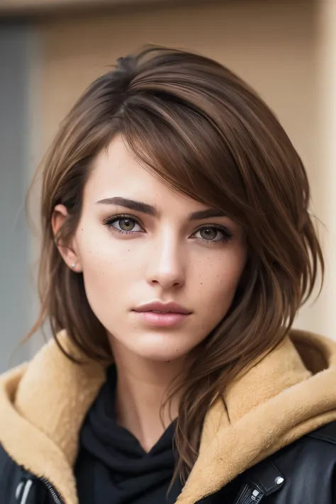 a photo of a seductive woman with loose styled (light brown hair:1.1), bored, she is wearing a hoodie and black leather jacket, mascara, (textured skin, skin pores:1.1), (moles:0.8), imperfect skin, goosebumps, flawless face, (light freckles:0.9), (sun-kis...