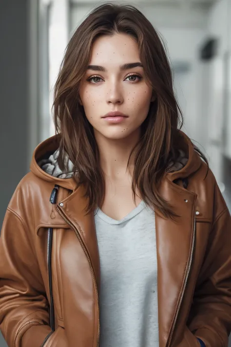 a photo of a seductive woman with loose styled (light brown hair:1.1), bored, she is wearing a hoodie and black leather jacket, mascara, (textured skin, skin pores:1.1), (moles:0.8), imperfect skin, goosebumps, flawless face, (light freckles:0.9), (sun-kis...