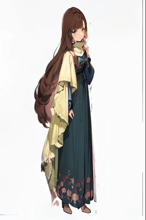 anime character with long brown hair and a blue dress, dressed with long fluent clothes, flowing hair and long robes, anime girl with long hair, in a cloak with long hairs, cute anime waifu in a nice dress, anime full body illustration, ( ( wearing a long ...