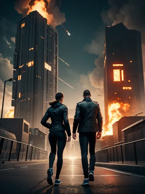 man and woman wear jacket, view from behind, running pose, cinematic lighting, dystopian science fiction, city burning on fire background, science fiction digital art, digital art, digital art, sci-fi digital art illustration. 8k high detail concept art