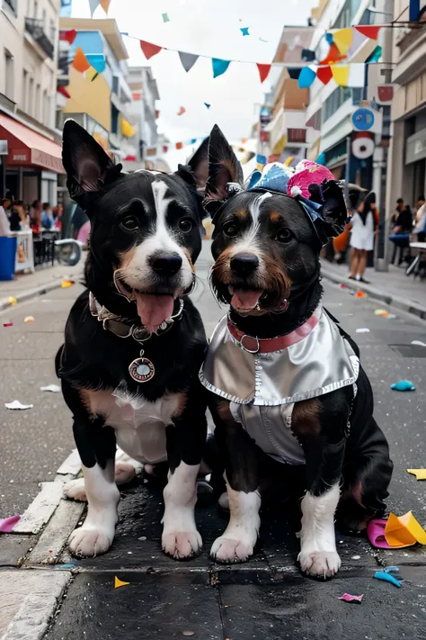 two dogs: a pitbull (black and white), a mini Schnauzer (black and gray), in carnival costumes, on the asphalt street, during the day, lots of confetti and streamers.