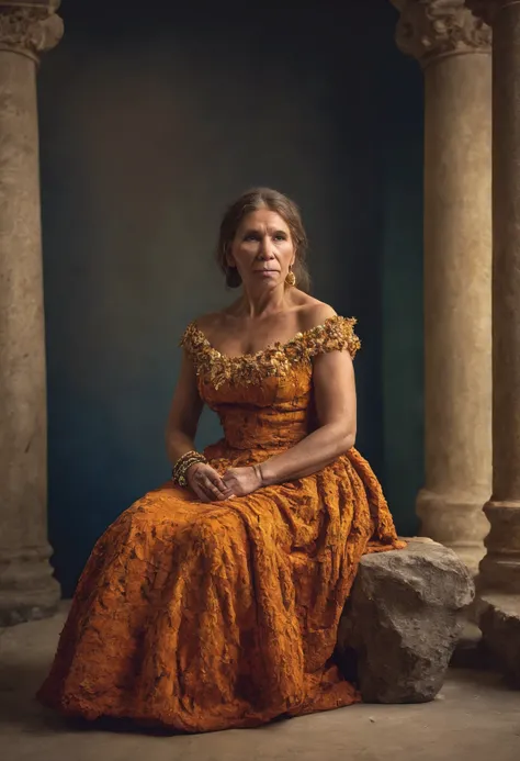 Hyperdetailed photograph, a Neanderthal female, in an elegant gown, sitting, digital photography, natural lighting, vivid vibrant colors, sharp detailing, high saturation