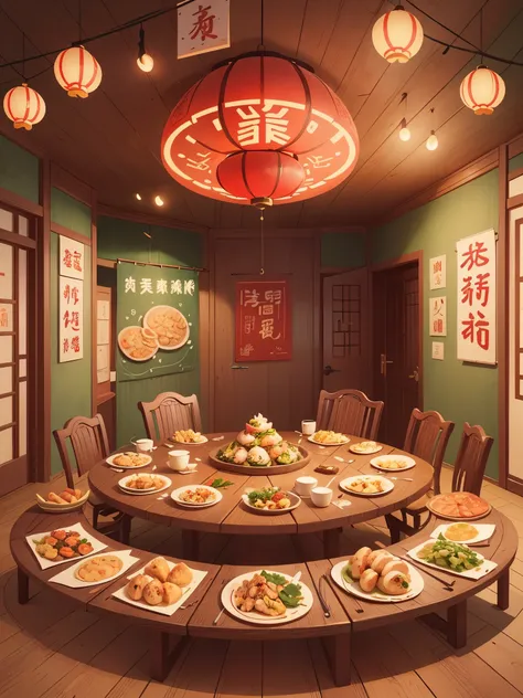 A large round table is filled with a variety of delicious Chinese dishes，festive atmosphere，Warm and joyful atmosphere, digital illustration, Illustration poster, digital illustration , Chinese style, , exciting illustration,Chinese traditional culture，((n...