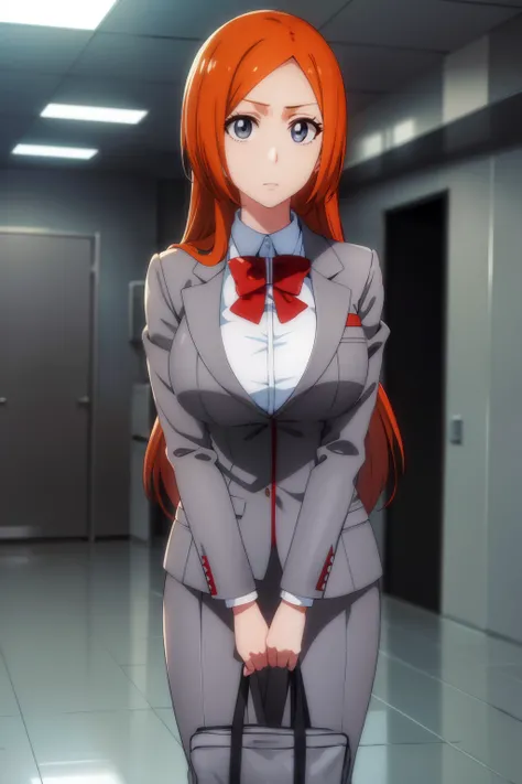 inoueorihime, inoue orihime, long hair, orange hair, (grey eyes:1.5),
break skirt, bow, school uniform, jacket, blazer, grey jac...