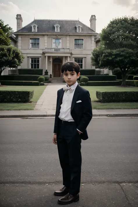 Young 5 year ild boy, well dressed in 60s style clothing,  stood in front of a mansion 