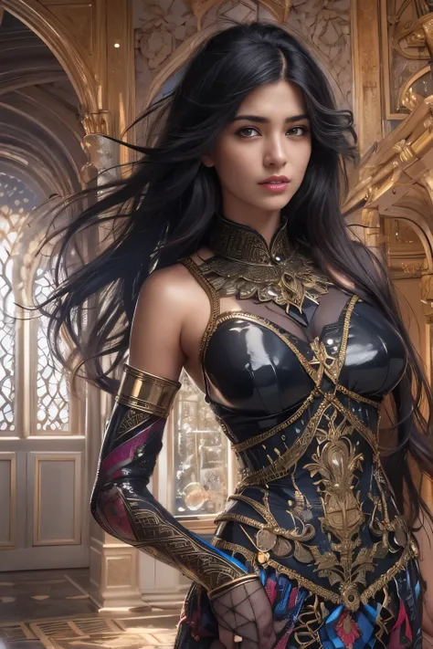 portrait, One exotic teenage Saudi Arabian girl, who has the most beautiful face in the world,  (18 years old:1.3), stands in the grand hall of the Arabian palace, her hand casually resting on her slender waist. Her intricately designed gauntlets glint in ...