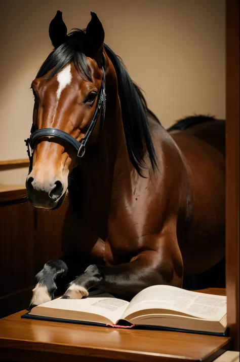 A horse is very tired studying for an exam late at night